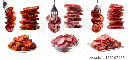 Collection of 3 set cured smoked fermented dried sausage meat, chorizo pepperoni salami, on fork plate bowl, sliced stack pile, transparent cutout PNG. Mockup for design Collection of 3 set cured smoked fermented dried sausage meat, chorizo pepperoni salami, on fork plate bowl, sliced stack pile, transparent cutout PNG. Mockup for design 133107435