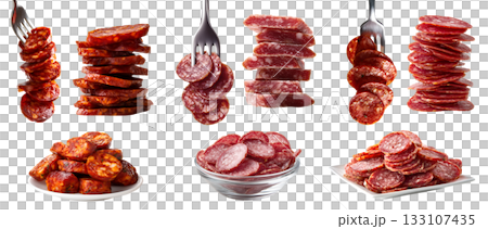 Collection of 3 set cured smoked fermented dried sausage meat, chorizo pepperoni salami, on fork plate bowl, sliced stack pile, transparent cutout PNG. Mockup for design Collection of 3 set cured smoked fermented dried sausage meat, chorizo pepperoni salami, on fork plate bowl, sliced stack pile, transparent cutout PNG. Mockup for design 133107435