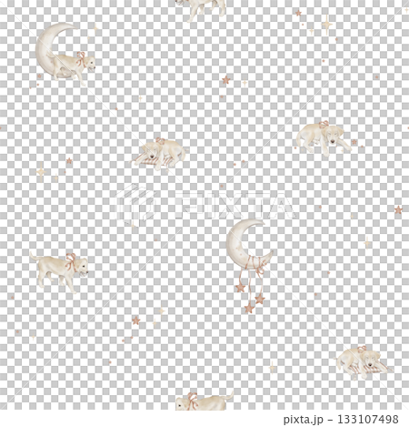 Seamless pattern with Labradors with tied to ribbon and stars with moon. Repeat ornament with hand drawn illustration dogs and baseball ball for design and beige grey muted tones for baby design. 133107498