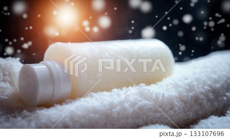 White lotion bottle on cozy blanket with warm glow 133107696