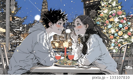 クリスマスディナーを楽しんでいる若いカップル