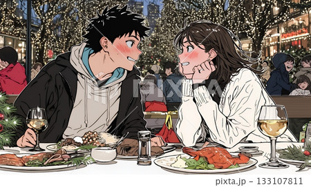 クリスマスディナーを楽しんでいる若いカップル