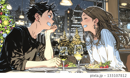 クリスマスディナーを楽しんでいる若いカップル