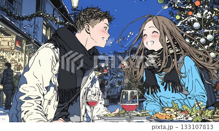 クリスマスディナーを楽しんでいる若いカップル