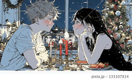 クリスマスディナーを楽しんでいる若いカップル