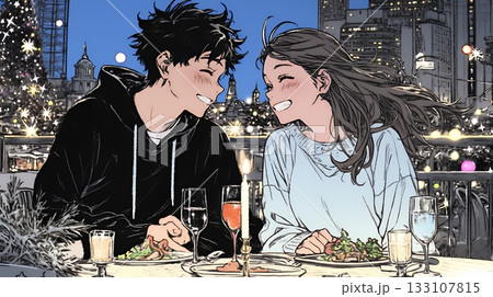 クリスマスディナーを楽しんでいる若いカップル