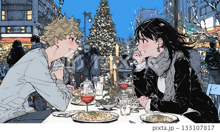 クリスマスディナーを楽しんでいる若いカップル 133107817