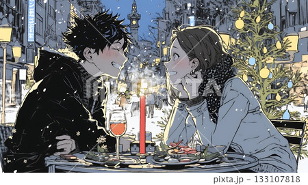 クリスマスディナーを楽しんでいる若いカップル