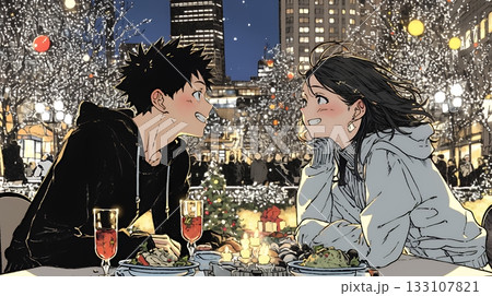 クリスマスディナーを楽しんでいる若いカップル