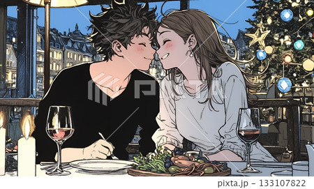 クリスマスディナーを楽しんでいる若いカップル