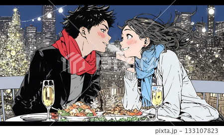 クリスマスディナーを楽しんでいる若いカップル