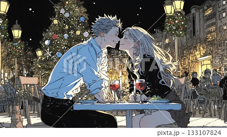 クリスマスディナーを楽しんでいる若いカップル