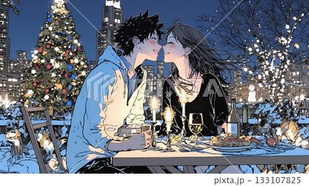 クリスマスディナーを楽しんでいる若いカップル