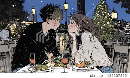 クリスマスディナーを楽しんでいる若いカップル