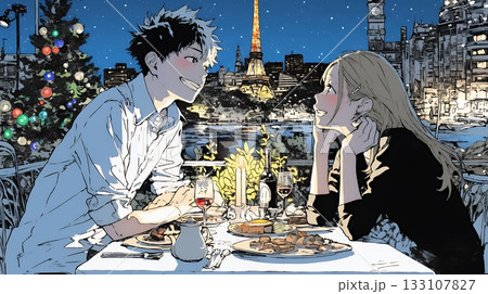 クリスマスディナーを楽しんでいる若いカップル