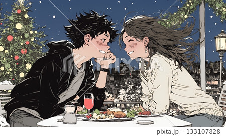 クリスマスディナーを楽しんでいる若いカップル