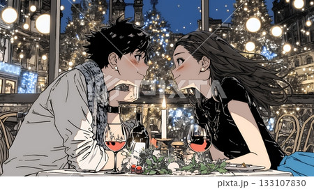 クリスマスディナーを楽しんでいる若いカップル 133107830