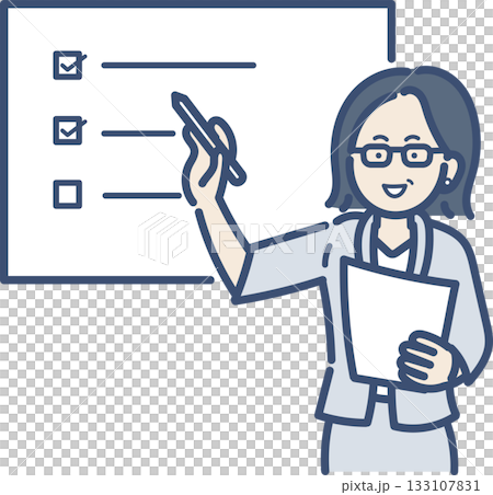 Illustration of a woman in her 40s giving a presentation, seminar, or training session 133107831