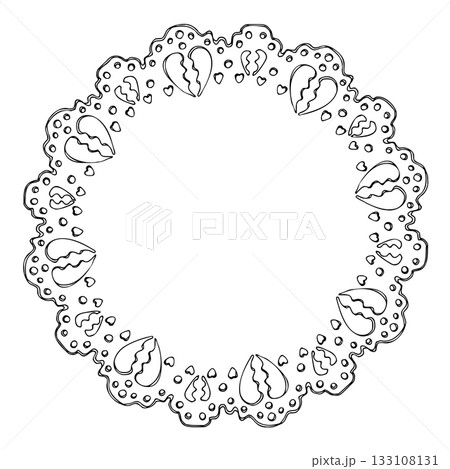 Round doily with delicate edge, lace hearts border, vintage style decoration. Single object isolated illustration hand drawn in vector ink. Scrapbooking paper crafts, decoupage, handmade wedding card 133108131