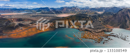 Aerial view of Iceland's highlands with vibrant rhyolite mountains, a turquoise lake, lava fields, snow patches, and a partly cloudy sky. Aerial view of Iceland's highlands with vibrant rhyolite mountains, a turquoise lake, lava fields, snow patches, and a partly cloudy sky. 133108549