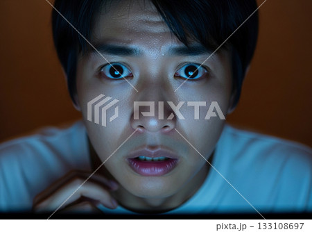 冷や汗をかきながら画面を凝視する男性 133108697