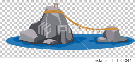 一幅簡潔可愛的插圖，描繪了三重縣的梅奧托岩和蔚藍的大海。 133109044