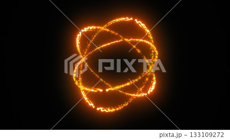 Vibrant orange energy loops forming rotating luminous rings in a dark futuristic space Vibrant orange energy loops forming rotating luminous rings in a dark futuristic space 133109272