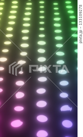 Abstract glowing rows of circular lights in rainbow colors creating a futuristic illuminated pattern Abstract glowing rows of circular lights in rainbow colors creating a futuristic illuminated pattern 133109278