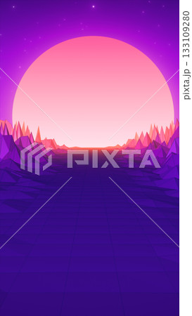 Retro futuristic sunset landscape with grid terrain and glowing sun over purple mountains 133109280