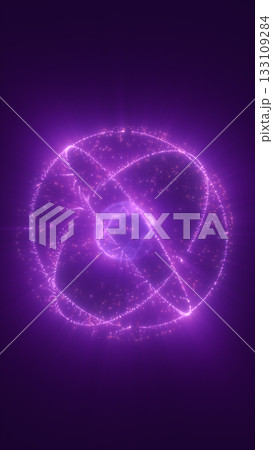 Glowing purple energy sphere surrounded by orbiting light trails, symbolizing atomic power or digital energy 133109284