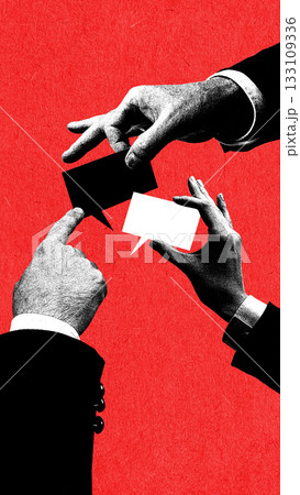 Dynamic collage of hands trading speech bubbles in active corporate dialogue 133109336