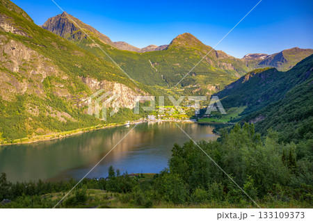 Geiranger Village and Fjord Landscape in Norway 133109373