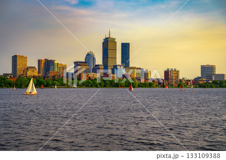 Sunset over Boston Back Bay and the Charles River, Massachusetts 133109388