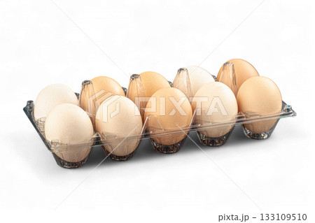 Isolated eggs in plastic tray 133109510