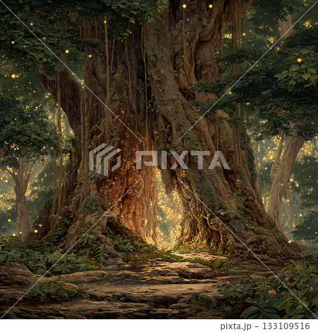 魔法の光に包まれた幻想的な古木の森 133109516