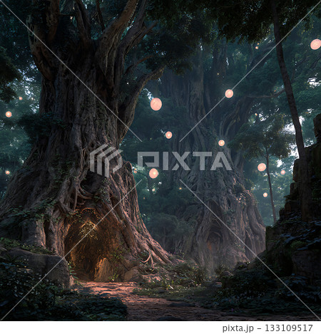 魔法の光に包まれた幻想的な古木の森 133109517