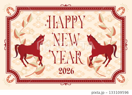 2026年　クラシックな雰囲気の午年の年賀状　馬のイラスト年賀ハガキ素材 133109596