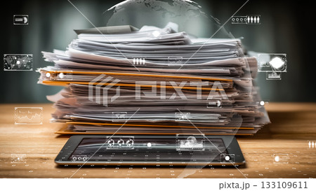 紙資料とデジタル可視化が重なる業務変革コンセプト 133109611