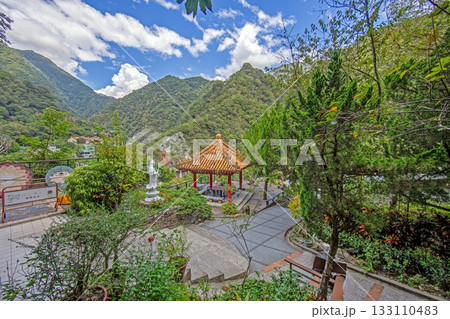 Temple pavilion in Taiwan mountain village with scenic valley Temple pavilion in Taiwan mountain village with scenic valley 133110483