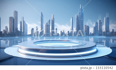 Floating 3d podium with a futuristic cityscape 133110542