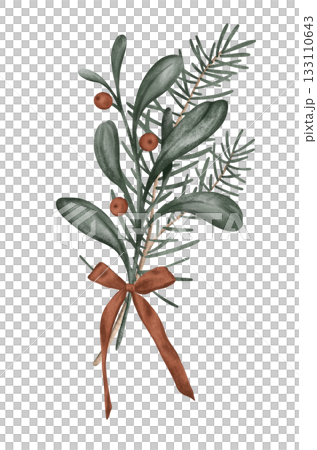 Illustration of a Christmas composition with branches with red berries and bow isolated on white is a popular element in botanical art with fir tree, often used for New year design Illustration of a Christmas composition with branches with red berries and bow isolated on white is a popular element in botanical art with fir tree, often used for New year design 133110643