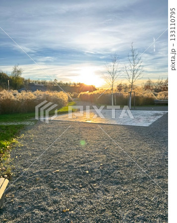Golden Hour Sunset over Grassy Field and Path 133110795