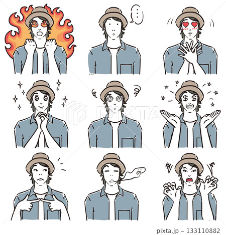 ハットを被った男性の表情いろいろ コミカル ハットを被った男性の表情いろいろ コミカル 133110882