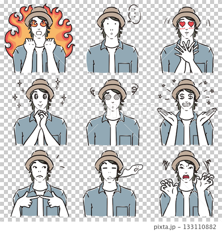 ハットを被った男性の表情いろいろ コミカル ハットを被った男性の表情いろいろ コミカル 133110882