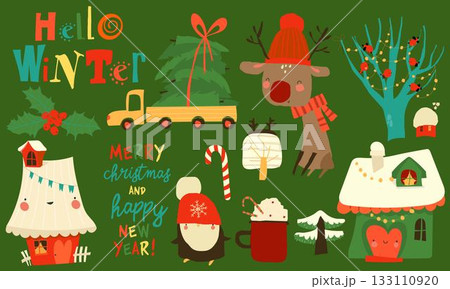 Cartoon Set With Cute Animals and Christmas Elements 133110920