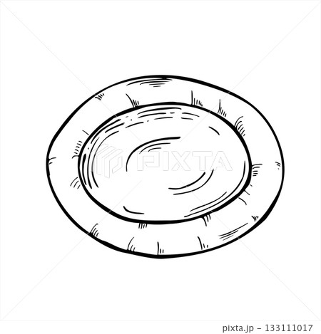 Vector disposable round white paper plate isolated illustration painted by black inks. Blank circle food tray line art sketch. Takeaway empty cardboard for menu design, cooking recipes, cafe decor 133111017