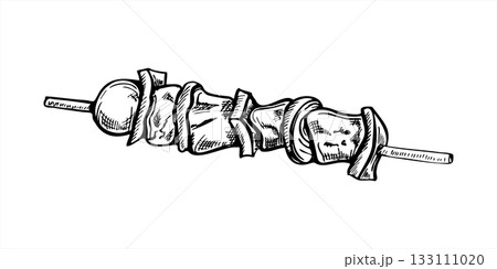 Monochrome vector meat with vegetables on wooden stick line art black ink sketch. Etching drawing of grilled kebab or vegan tofu on skewer for BBQ menus, street food poster, summer party design 133111020