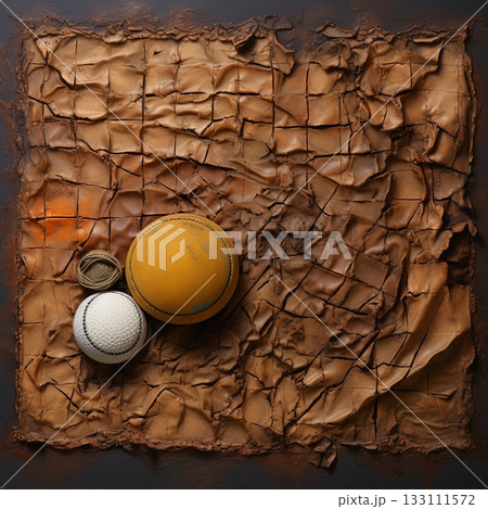 Abstract Vintage Sports Still Life with Balls on Textured Brown Background, Retro Artistic Scene 133111572