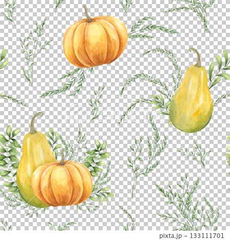 Watercolor seamless pattern of pumpkins among green meadow spikelet on isolated background. Hand drawn autumn orange green ornate in rustic style. Fall illustration for harvest festival design. Watercolor seamless pattern of pumpkins among green meadow spikelet on isolated background. Hand drawn autumn orange green ornate in rustic style. Fall illustration for harvest festival design. 133111701