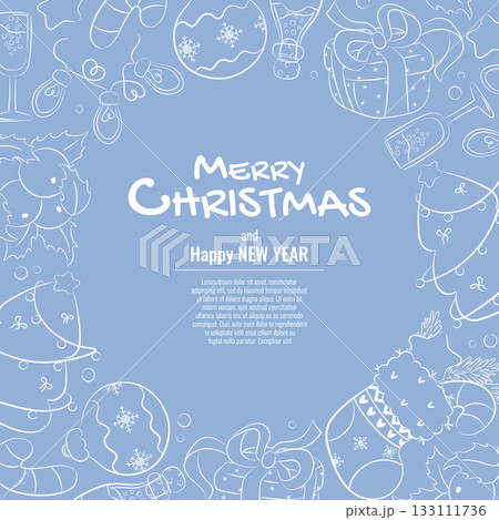 A delicate background for an invitation or greeting card for Christmas and new year. Freehand drawing, doodles, line drawing. Vector illustration for the design of postcard, banner, card, poster 133111736